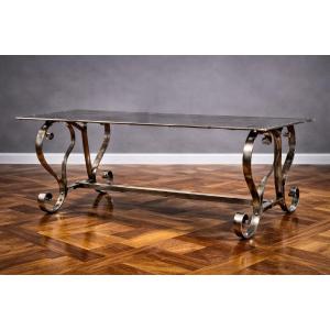 Industrial Coffee Table In Riveted Metal, Jansen Style