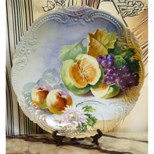Large Decorative Porcelain Dish With Fruit Design - Signed Dumontel