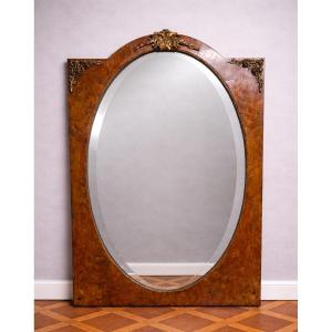 Large Oval Mirror In Burr Wood And Gilt Bronze - Napoleon III Period - Late 19th Century