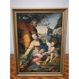 Large Religious Painting - Holy Family In Egypt - 20th Century - 148 X 117 Cm