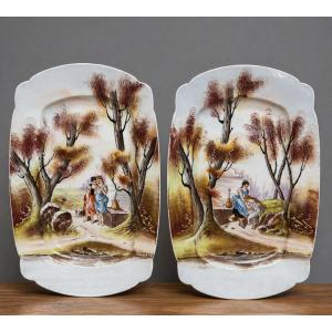 Paire de plats en porcelaine – Décor romantique, D&C France, fin XIXe siècle    