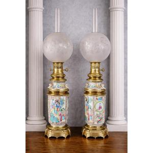 Pair Of Kerosene Lamps On Gilt Bronze Terraces