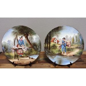 Paire de plats en Porcelaine fine – Décor scènes rurales, J.P.L France