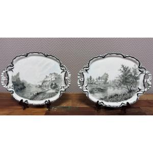 Paire de plats en faïence fine – Décor de paysages, HBC France