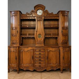 Large Curved Louis XV Two-piece Buffet In Cherry Wood With Built-in Clock