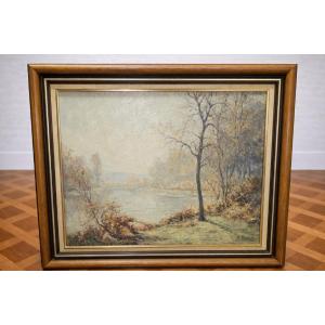 Huile sur toile – Paysage au bord de l’eau – signée H. David 