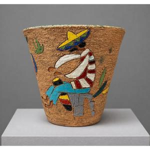 Cache-pot en céramique émaillée à décor mexicain – Art Déco - 