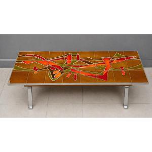 Vintage Coffee Table With Abstract Ceramic Top, Metal Base - 1960s/70s