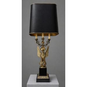 Very Large Empire / Return From Egypt Gilt Bronze Eagle Lamp, Black Shade