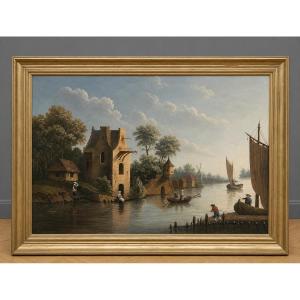 Paysage animé au bord d’une rivière, huile sur toile, école du Nord du XIXe siècle