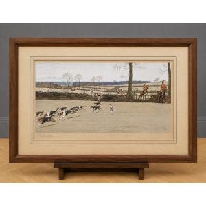 Scène de chasse à courre, gravure a l'aquarelle sur papier signée Cecil Aldin (1870-1935)