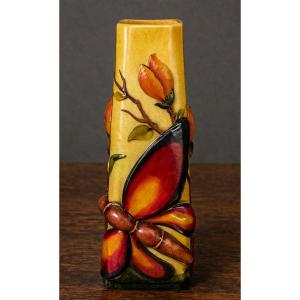 Glass Paste Quadrangular Vase, Decorated In Relief With A Stylized Butterfly