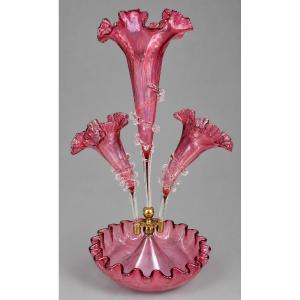 Vase épergne en verre soufflé de teinte rose