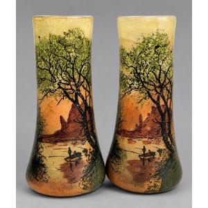 Pair Of Enamelled Glass Vases With Finely Painted Decoration / Art Nouveau Period