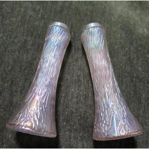 Pair Of Iridescent Glass Vases With Relief Decoration Evoking Plant Or Organic Motifs