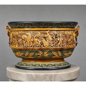 Jardinière En Barbotine Polychrome, Travail Français De La Fin Du XIXe Siècle
