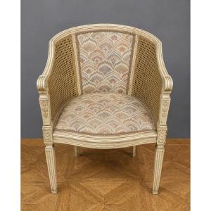 Louis XVI Style Gondola Armchair In Carved Wood With Cream Patina