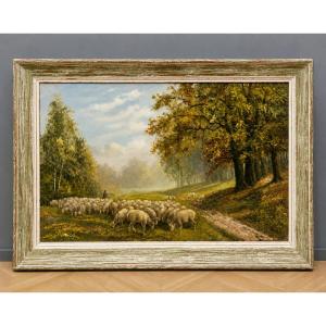 Huile sur toile représentant un troupeau de moutons dans un paysage forestier 