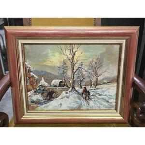 Oil On Panel Signed B. Franco Depicting An Animated Winter Landscape