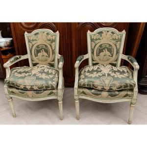 Pair Of Large Louis XVI Bergères In Water Green And Cream Rechambered Wood, Late 19th Century
