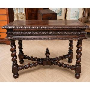 table bureau de style Renaissance / Henri II en chêne massif richement sculpté