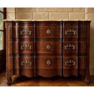 Commode Arbalète Bordelaise En Acajou Massif, Époque Louis XV, Dessus Marbre