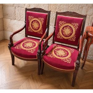 Pair Of Empire-style Mahogany Armchairs With Petit Point Upholstery  