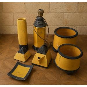 Ensemble de bureau Art Déco en céramique craquelée jaune et noire signé