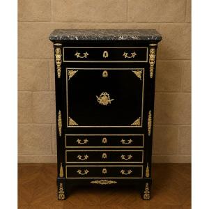 Black-lacquered Wooden Drop-leaf Secretary Desk With Gilded Bronze Hardware – Boulle Style