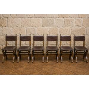 Set Of Six Renaissance-style Chairs Made Of Oak And Leather