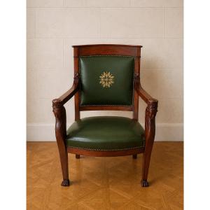 Empire-style Mahogany Office Chair – Armrests With Caryatids – Green Leather 