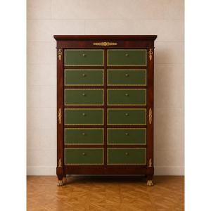 Empire-style Mahogany Chest Of Drawers – 12 Drawers Lined With Green Leather – Gilded Bronze Hardware 