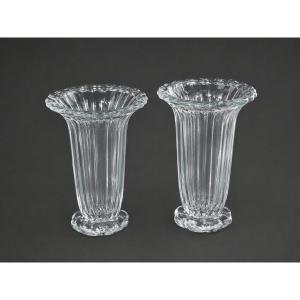 Paire de vases cornets en cristal Daum France – Modèle à côtes torses