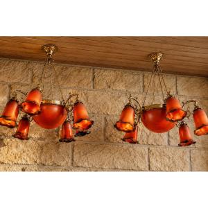 Pair Of Art Nouveau-style Chandeliers Made Of Bronze And Orange Glass Paste