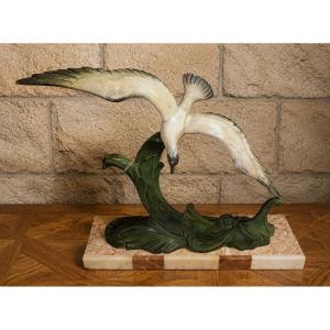 Art Deco Sculpture “seagull In Flight” On A Wave – Patinated Regule And Marble