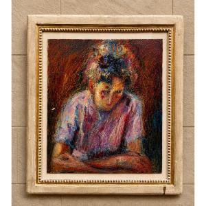 Huile sur toile – Portrait expressionniste d'une jeune femme