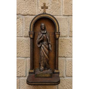 Statue de dévotion en bois sculpté, représentant la Vierge au Cœur douloureux et immaculé