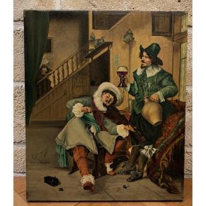 Oil On Canvas Depicting A Lively Tavern Scene In The Style Of The 17th Century