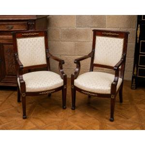 Pair Of Empire-style Armchairs, Made Of Mahogany