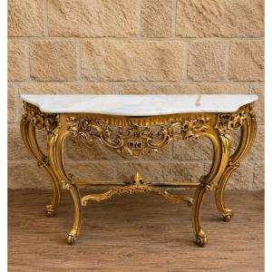 Importante console en bois doré sculpté – Dessus de marbre – Style Louis XV / Rocaille 