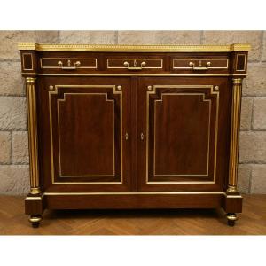 A Striking Sideboard Made Of Mahogany And Gilded Bronze – White Marble Top – Louis XVI Style 