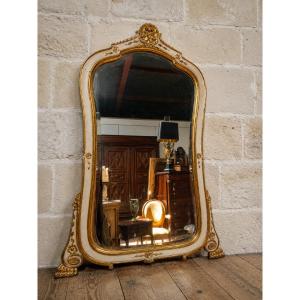 Grand miroir de cheminée – Bois laqué crème et doré – Style Louis XV / Napoléon III