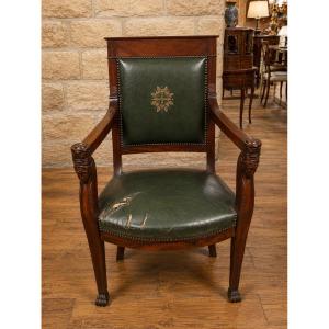 Empire-style Office Chair With Egyptian-style Heads – Mahogany And Green Leather 