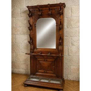 Large Walnut Mirrored Entryway Console – 19th Century