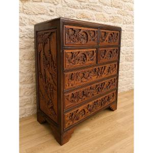 Asian Carved Wooden Chest Of Drawers / Dresser – 20th Century