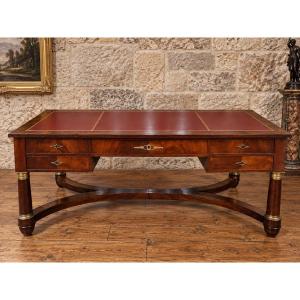 Large Mahogany Desk – Empire Style – Leather Top – Side Drawers
