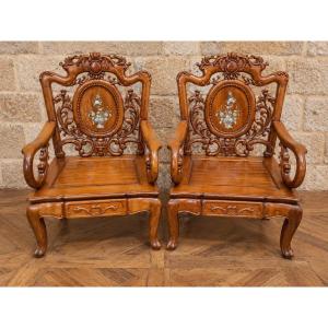 Pair Of Asian Armchairs Made Of Carved Wood With Mother-of-pearl Inlays – 20th Century