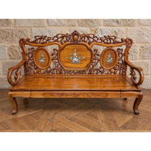 Chinese Bench Made Of Carved Wood With Mother-of-pearl Inlays – 20th Century