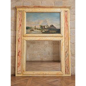 Important Trumeau With Mirror And Landscape Painting – Faux Marble Decoration – 19th Century