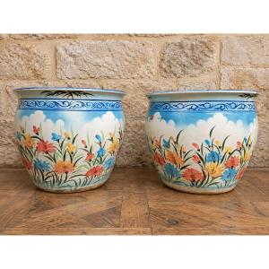 Pair Of Large Ceramic Planters With Polychrome Floral Decoration – China, 20th Century